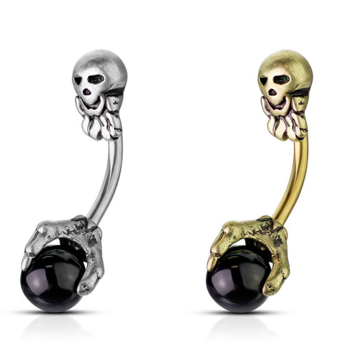 Steel/Brass Skull & Black Orb Belly Ring Steel/Brass Skull & Black Orb Belly Ring