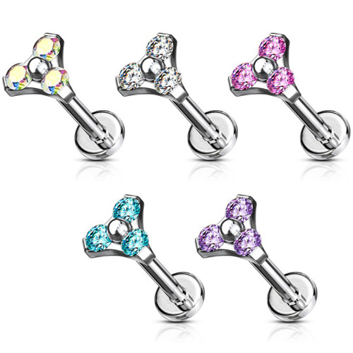 Triple CZ Triangle Steel Labret Monroe Stud 16G Triple CZ Triangle Steel Labret Monroe Stud 16G