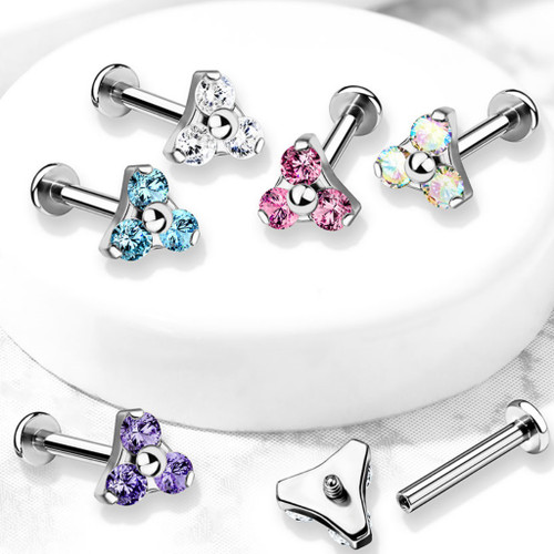 Triple CZ Triangle Steel Labret Monroe Stud 16G Triple CZ Triangle Steel Labret Monroe Stud 16G