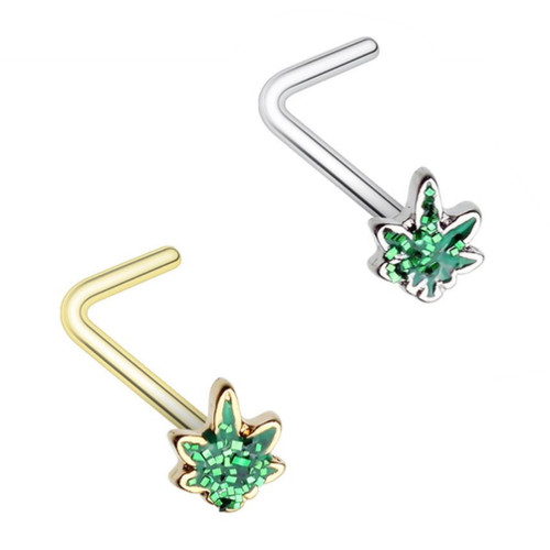 2PC Glitter Pot Leaf Steel Nose Rings (Bone/L-Shaped)