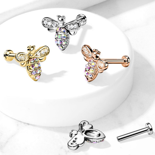 Micro CZ Paved Bee Steel Labret Monroe Stud 16G Micro CZ Paved Bee Steel Labret Monroe Stud 16G