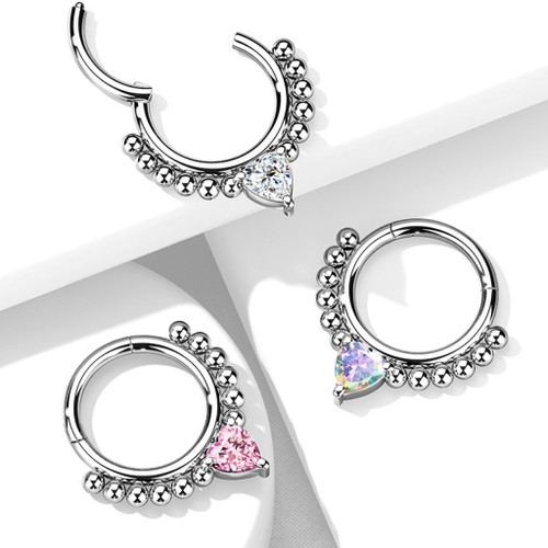 Heart CZ Steel Hinged Segment Ring Hoop 16G Heart CZ Steel Hinged Segment Ring Hoop 16G
