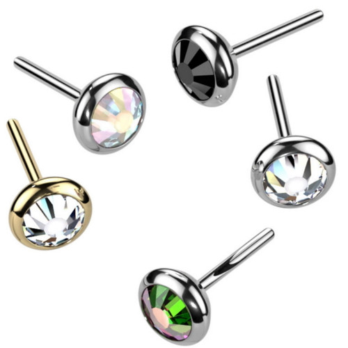 Flat Bezel Set CZ Push-in Titanium Top (Use with Threadless Posts) Flat Bezel Set CZ Push-in Titanium Top (Use with Threadless Posts)