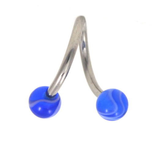 Twist spiral piercing bar made with blue marbled balls