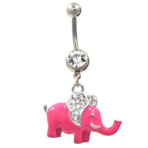 Lucky Pink Elephant Dangle Belly Ring w/Clear Gems