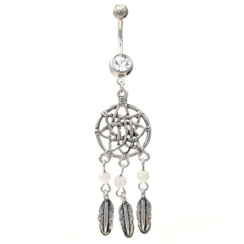 Dream Catcher Triple Feather Clear Belly Ring