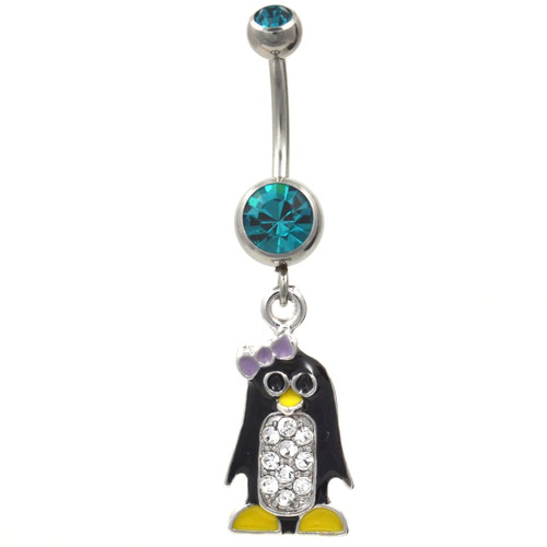 Pretty Penguin w/Bow Blue Gems Belly Ring