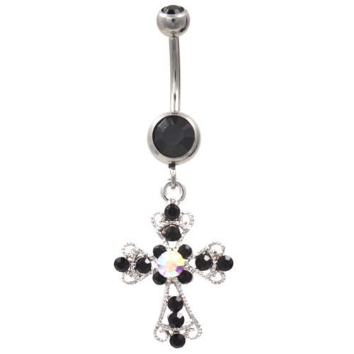 Fancy Cross Circular Gems Belly Ring (Black & AB)