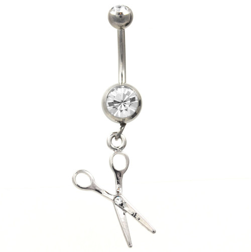 Clear Gem Pair of Scissors Steel Belly Ring