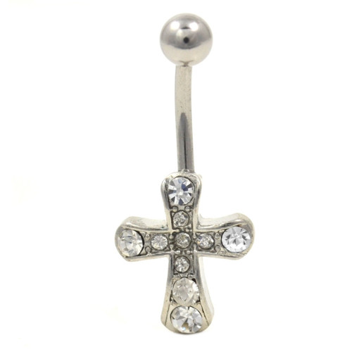 Flashy Clear Gem Paved Cross Belly Ring