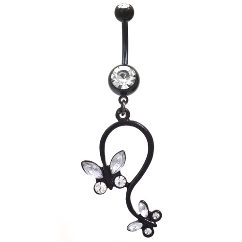 Fancy White & Black Butterfly Design Belly Ring