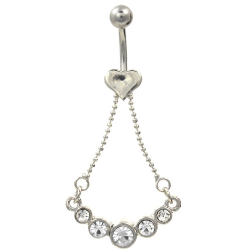 Steel Heart And 5 Gem Chain Dangle Belly Ring