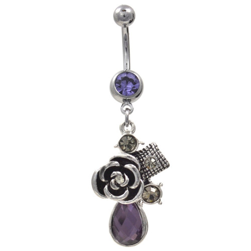 Steel Rose & Faceted Tanzanite Gem Belly Ring