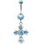 Fancy Cross Circular Gems Belly Ring (Aqua)