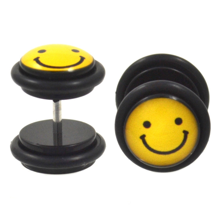 Black & Yellow Smiley Face Fake Plug Earrings (00g Look)