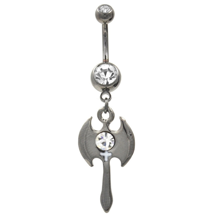 Hematite Axe Dangle Clear Gems Belly Ring Hematite Axe Dangle Clear Gems Belly Ring