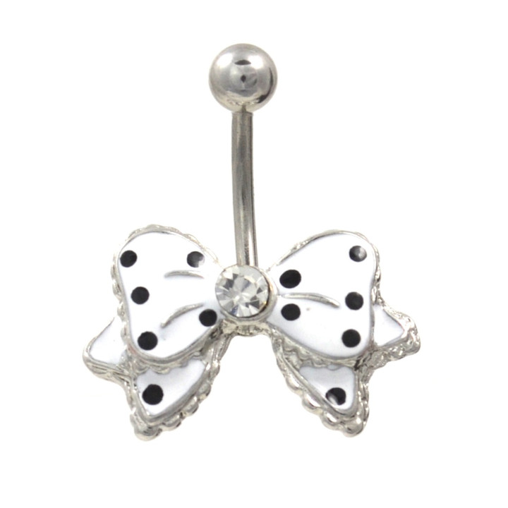 White and Black Polka Dot Bow Tie Belly Ring