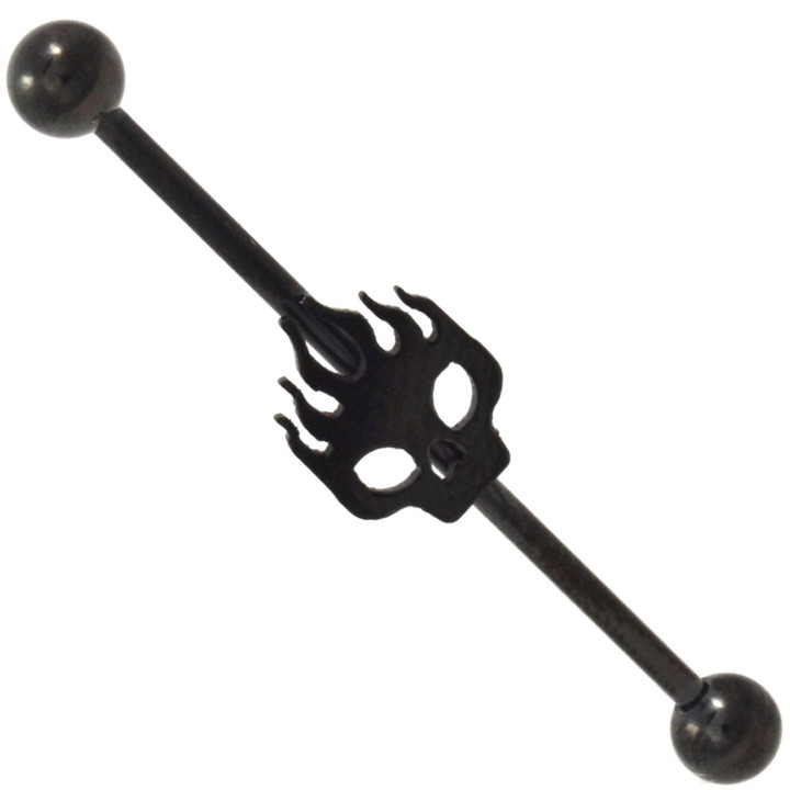 Black Steel Skull on Fire Industrial Barbell 14g 38mm