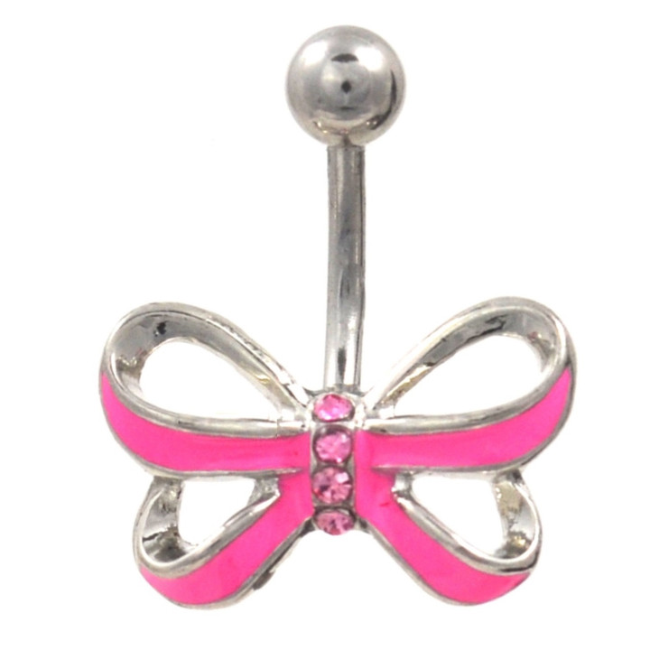 Bright Pink Gemmed Ribbon Belly Ring