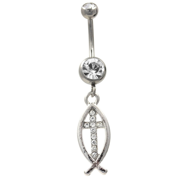 Sign Of The Fish & Cross Belly Ring w/Clear Gems | BodyDazz.com