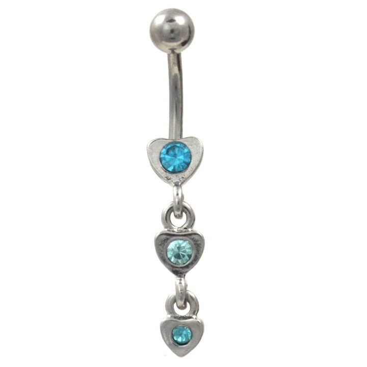 Linked Aqua Gem Triple Heart Dangle Belly Ring