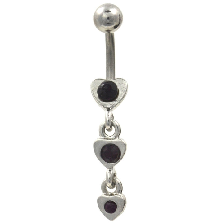 Linked Black Gem Triple Heart Dangle Belly Ring