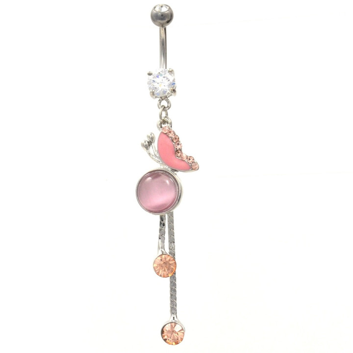 Pretty Butterfly Pink/Peach Stone Chains Belly Ring