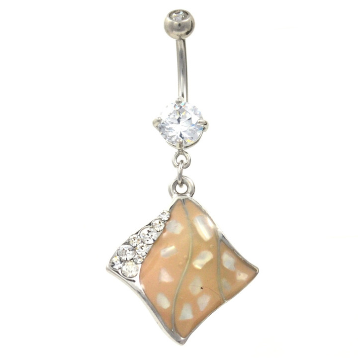 Unique Peach & Clear Gem Square Dangle Belly Ring