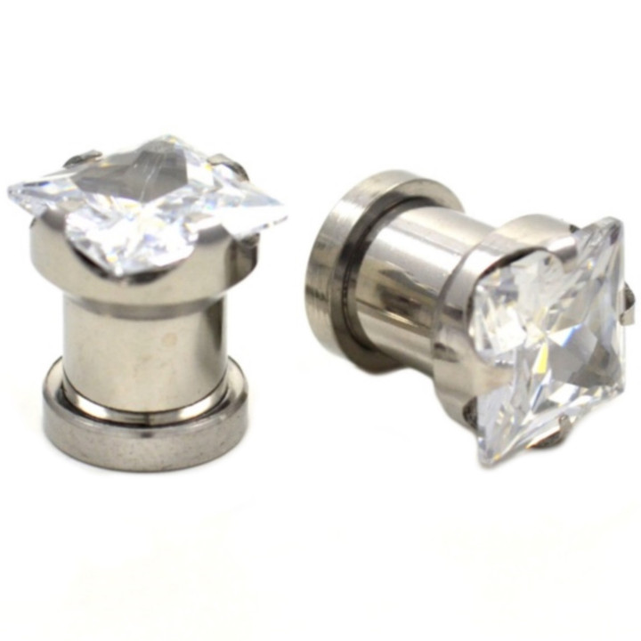 Clear Square Diamond Cut Steel Ear Plugs (8g-1/2")