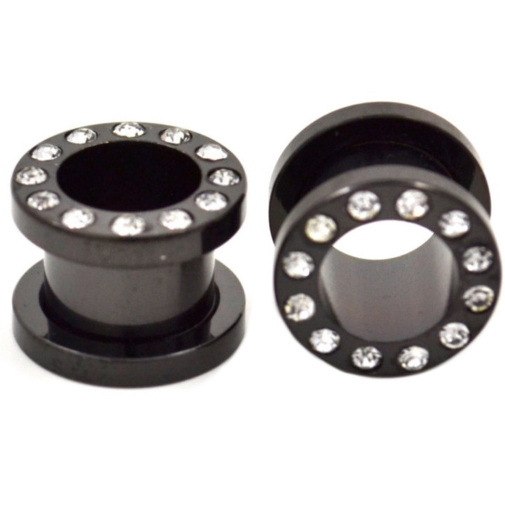Black Steel Clear Studded CZ Gems Tunnels (8g-5/8")
