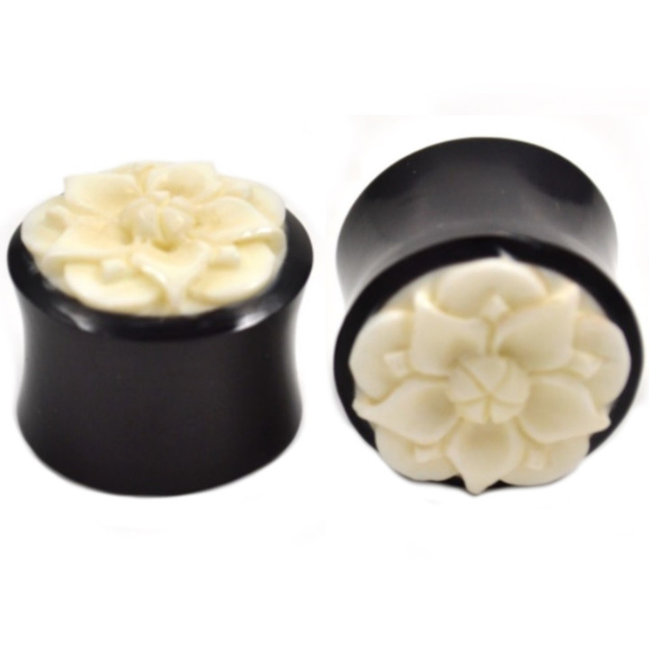 Buffalo Horn Carved Bone Flower Ear Plugs (0g-1")