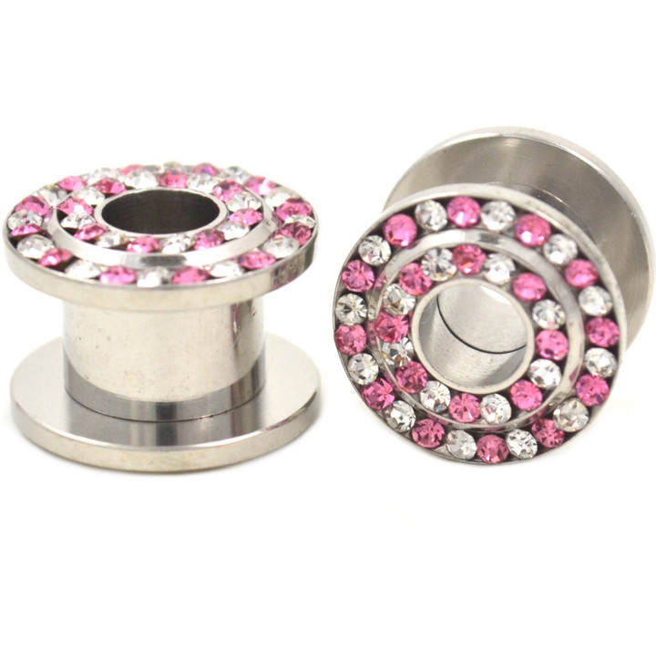Pink/Clear Double Gem Row Tunnels Plugs (8g-3/4")