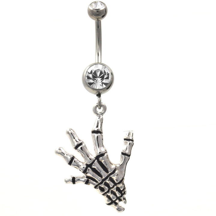 Steel Skeleton Hand Clear Gems Belly Ring 
