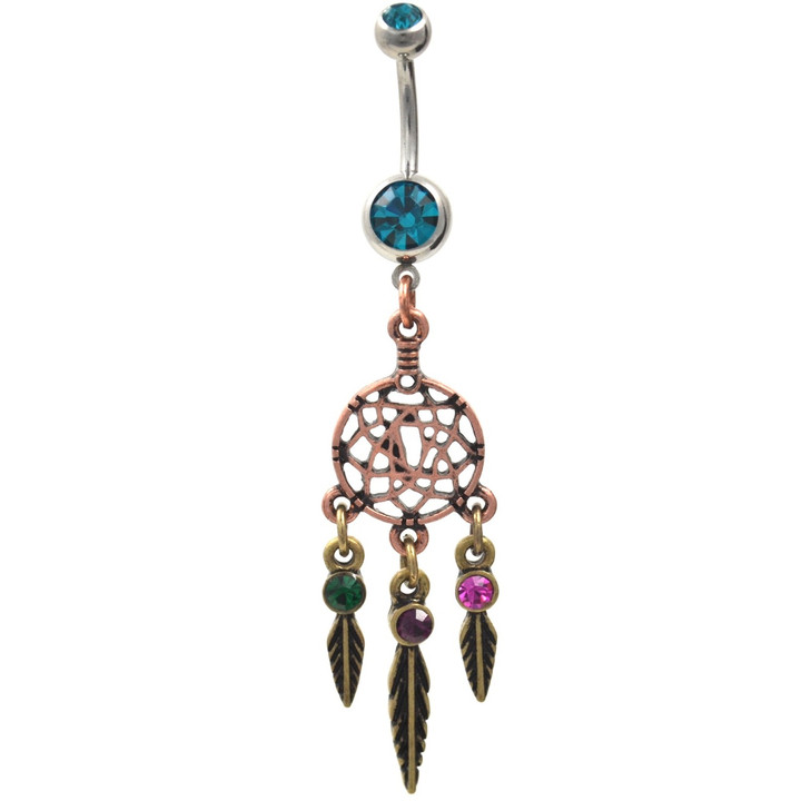 Antique Dreamcatcher Teal Gems Dangle Belly Ring  Antique Dreamcatcher Teal Gems Dangle Belly Ring