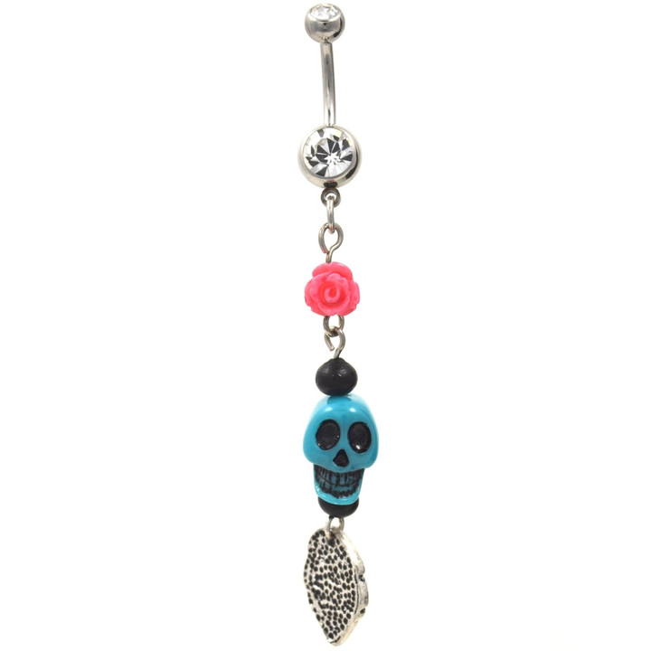 Rose Skull Leaf Clear CZ Gems Dangling Belly Ring  Rose Skull Leaf Clear CZ Gems Dangling Belly Ring