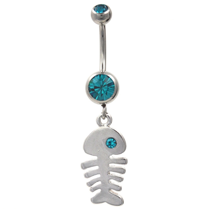 Teal Gems Steel Fish Bones Dangle Belly Ring  Teal Gems Steel Fish Bones Dangle Belly Ring