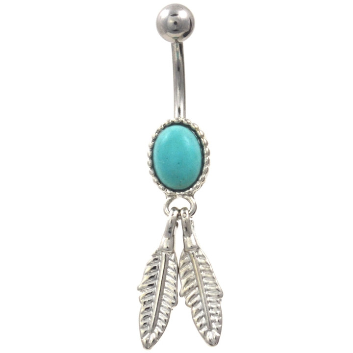 Turquoise Stone & Two Feathers Belly Button Ring 
