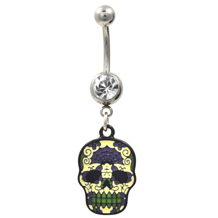 Green and Purple Sugar Skull Clear Gem Belly Ring 