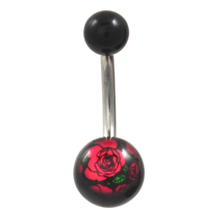Red Roses Logo Black Acrylic Balls Belly Ring Red Roses Logo Black Acrylic Balls Belly Ring