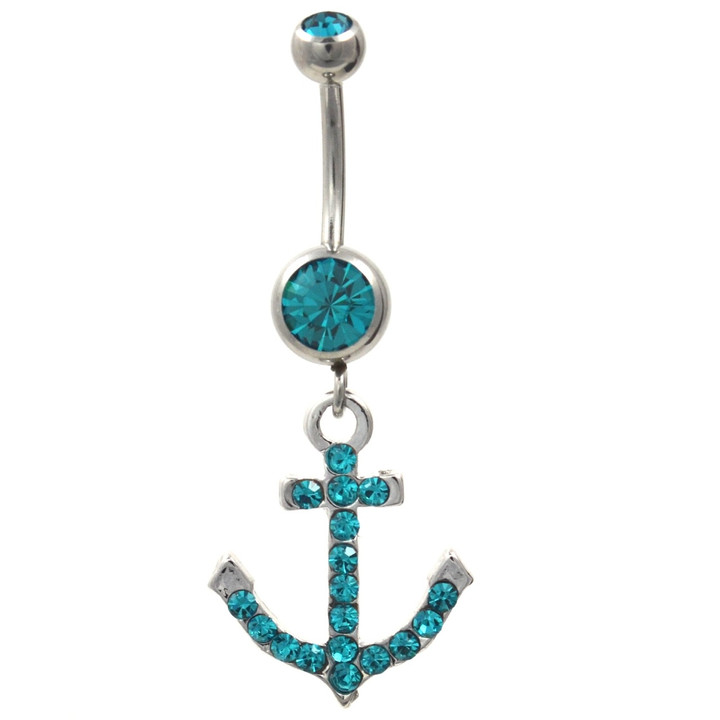 Gem Covered Teal Anchor Belly Button Ring  Gem Covered Teal Anchor Belly Button Ring