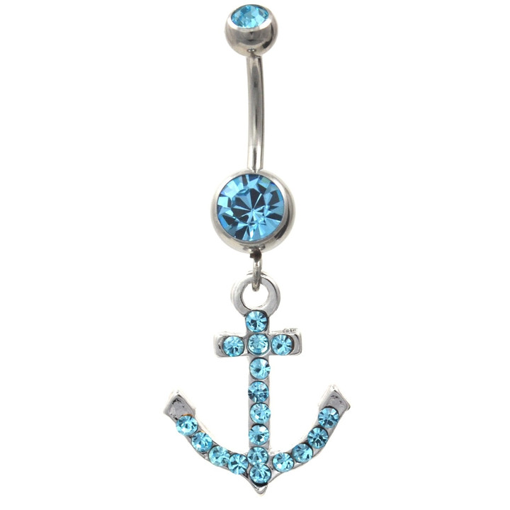 Gem Covered Aqua Anchor Belly Button Ring  Gem Covered Aqua Anchor Belly Button Ring