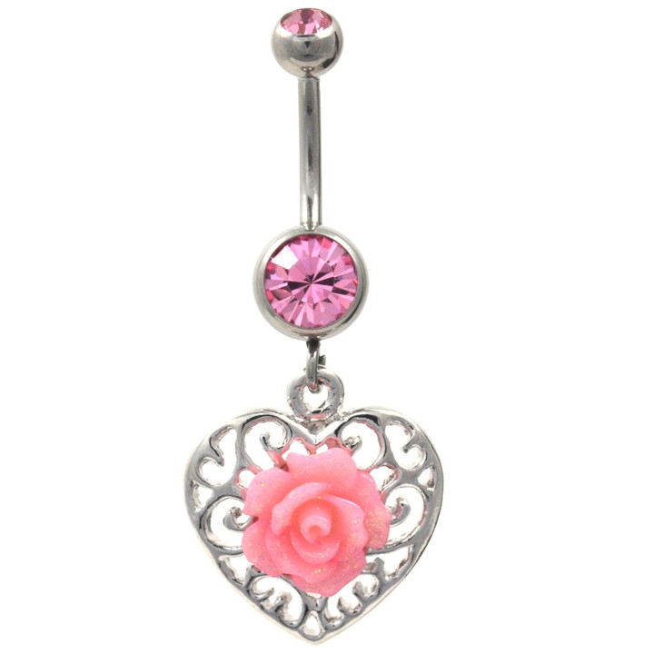 Pink Rose and Vintage Heart Background Belly Ring 