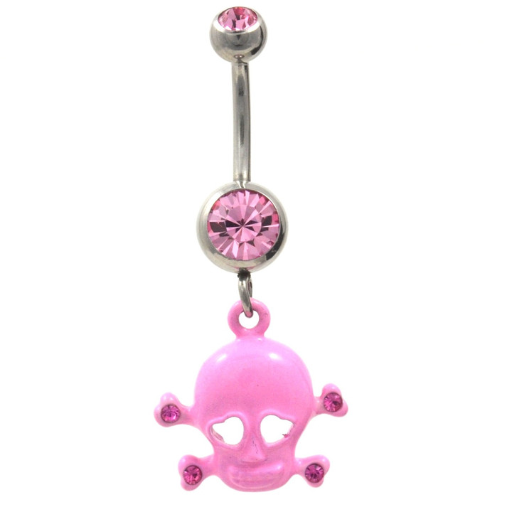 Glamorous Pink Skull and Crossbones Belly Ring 