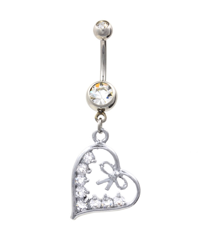 Clear Gem Paved Heart Bow Tie Dangle Belly Ring Clear Gem Paved Heart Bow Tie Dangle Belly Ring