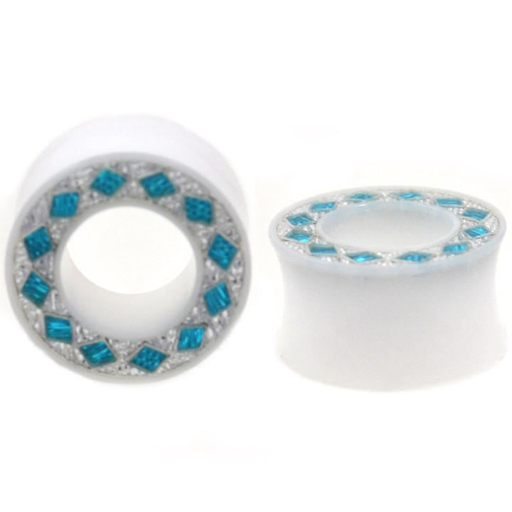 Glittery Blue Rim White Acrylic Tunnels (0g-5/8")