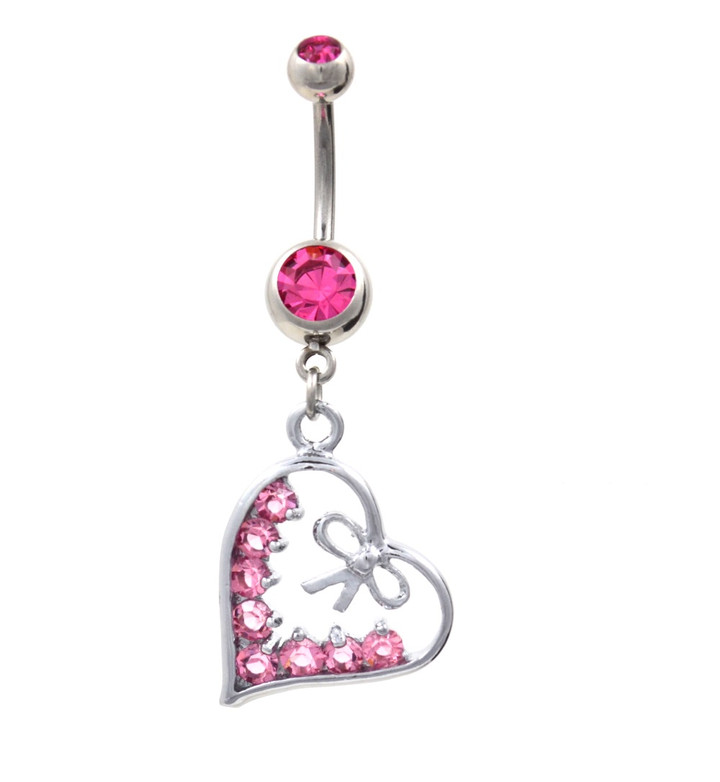 Pink Gem Paved Heart Bow Tie Dangle Belly Ring Pink Gem Paved Heart Bow Tie Dangle Belly Ring