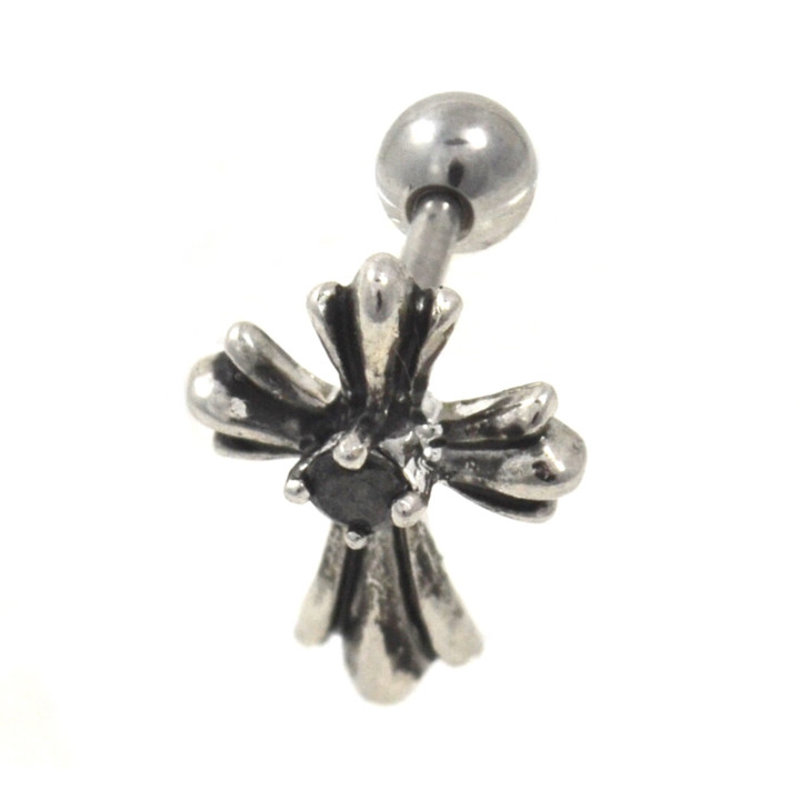 Black Gem Medieval Cross Cartilage Stud Earring 16g