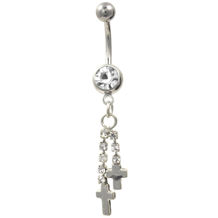 Stainless Steel Double Cross Gem Chains Belly Ring 
