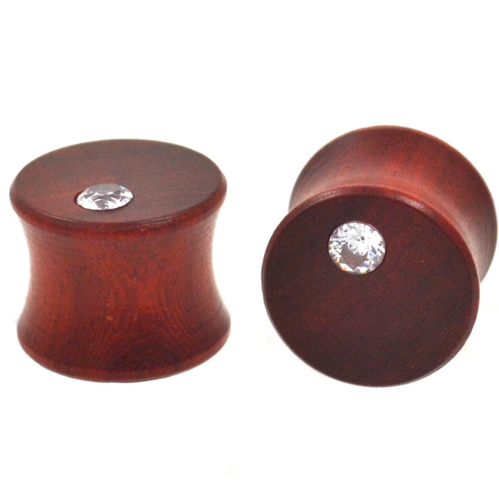 Organic Red Wood Ear Plugs w/Tiny Clear CZ (2g-5/8")