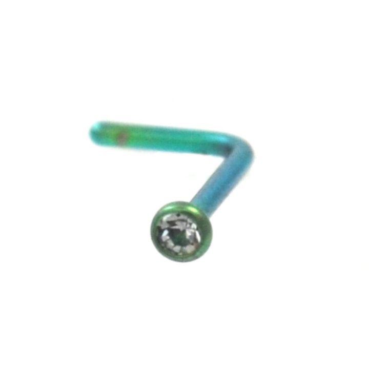 Green Titanium Clear CZ L Shaped Nose Ring 20g 5/16"